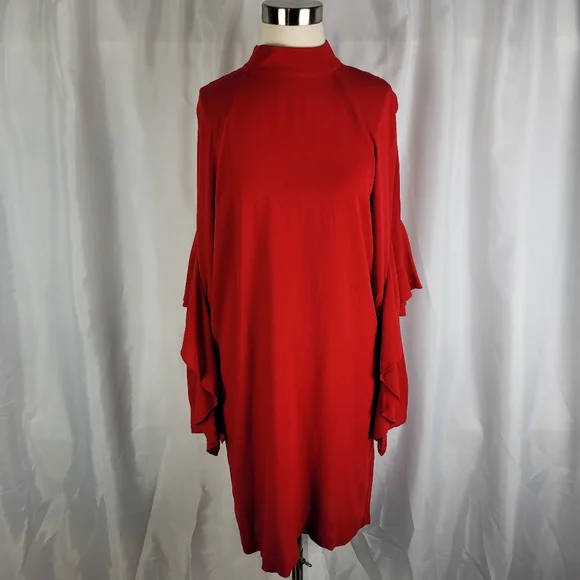 H&M Red Crepe Flounce Sleeve Keyhole Back High Neck Tunic Shift Dress Size 6 - Picture 2 of 16